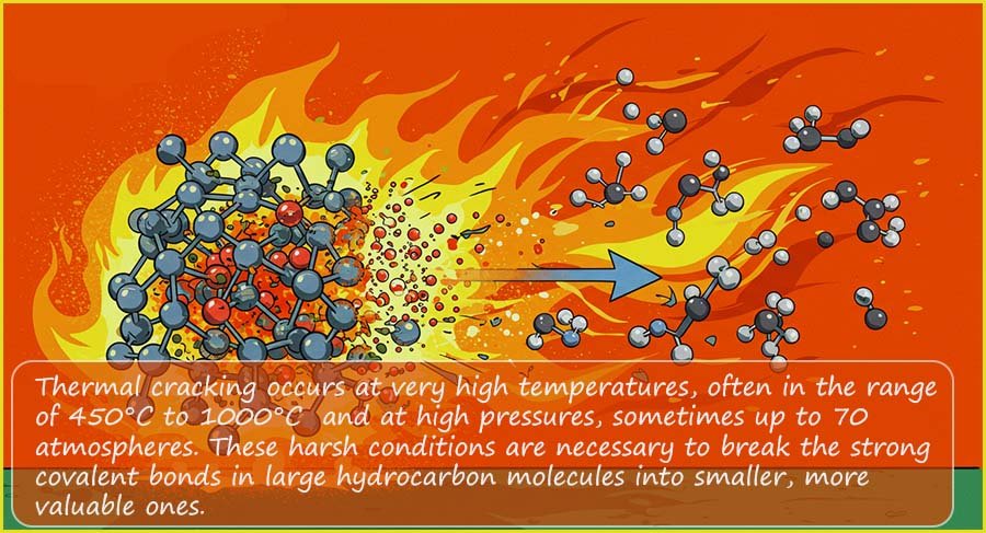 Images show thermal cracking, large molecules being broken down in smaller more useful molecules.